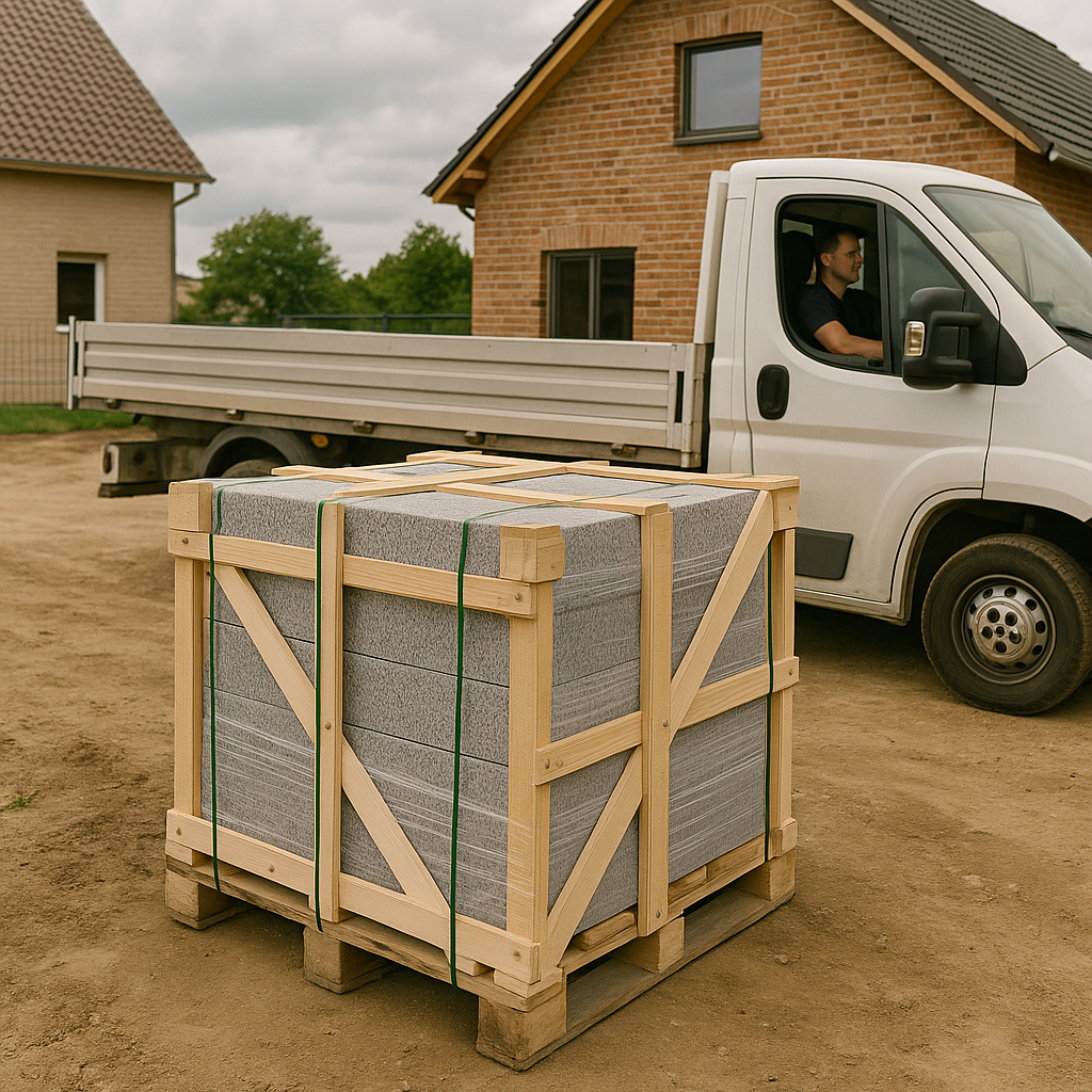 Lieferung von Natursteintreppen deutschlandweit - LKW mit verpackten Natursteinplatten auf Baustelle