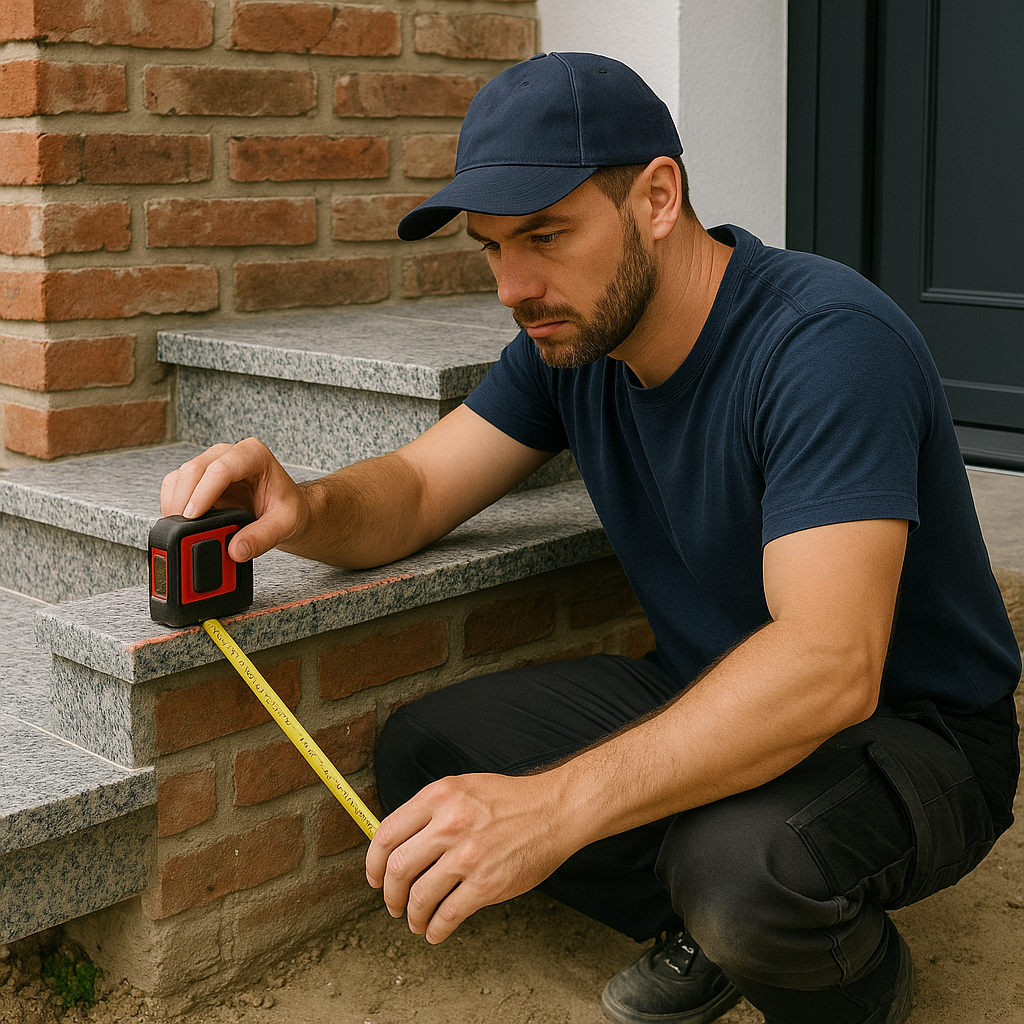 Professionelle Montage von Natursteintreppen in Hamburg - Handwerker bei präziser Vermessung
